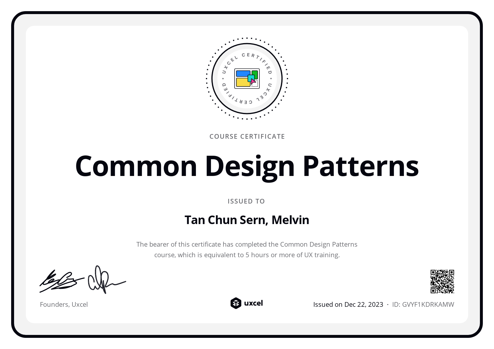 Tan Chun Sern, Melvin's certificate